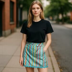 Rachelle Womens Skirt Sz 6 Blue Pink Orange Green Satin‎ Striped Lace NEW